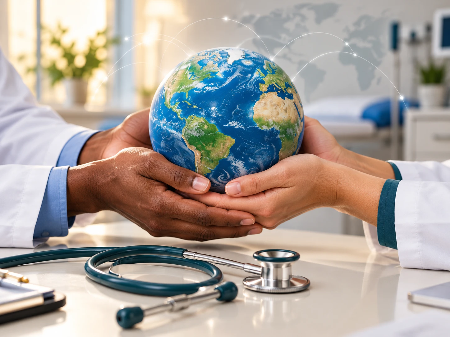 Two clinicians' hands holding a globe above a desk with a stethoscope