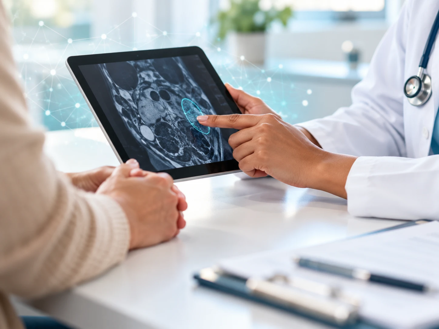 A clinician showing a patient a scan on a tablet, with an AI-highlighted region
