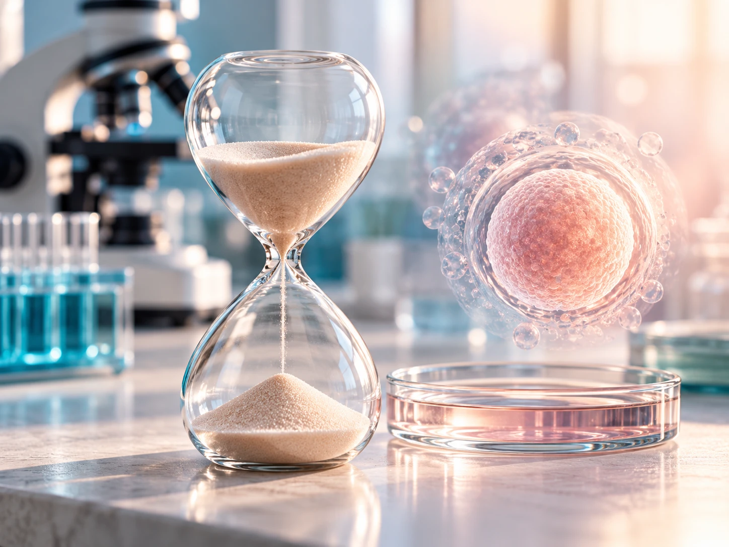An hourglass beside an egg cell in a laboratory, the clock of reproductive aging